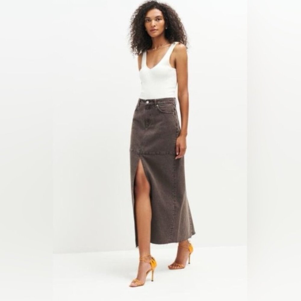 REFORMATION Tazz Maxi Denim Skirt Large Brown